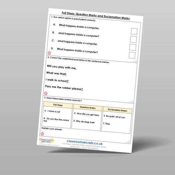 An image of the Full Stops, Question Marks and Exclamation Marks Homework Resource