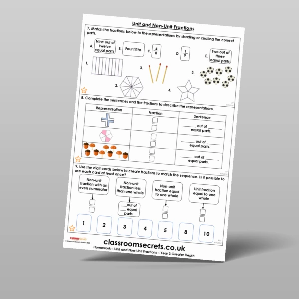 An image of the Unit and Non-Unit Fractions Homework Resource
