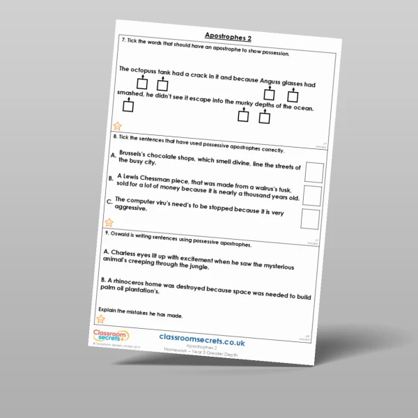 An image of the Apostrophes 2 Homework Resource