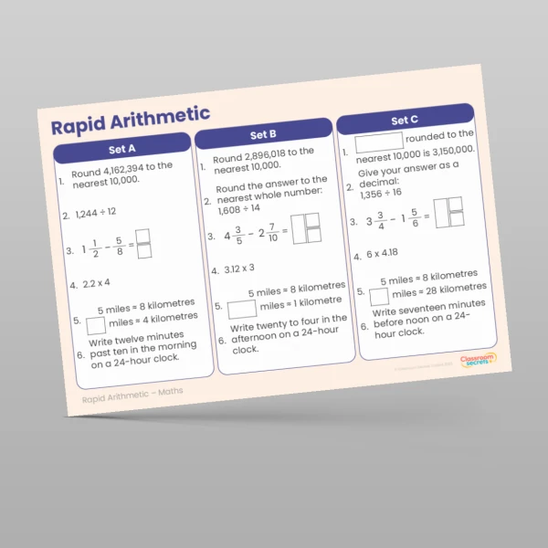 An image of the Summer 2 Week 1 Rapid Arithmetic Resource