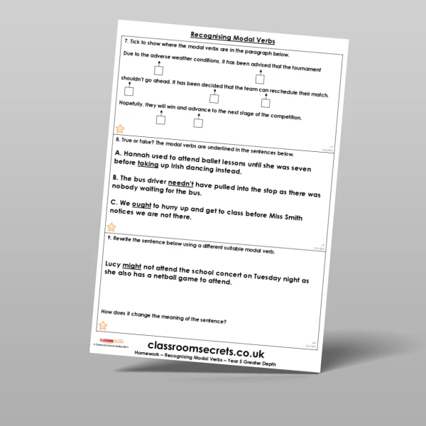 An image of the Free Recognising Modal Verbs Homework Resource