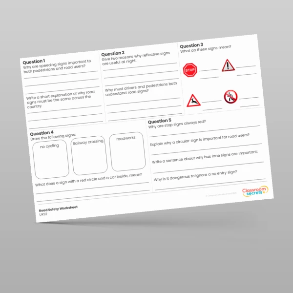 An image of the KS2 Road Safety Signs Worksheet Resource