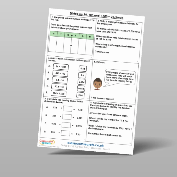 An image of the Divide by 10, 100 and 1,000 - Decimals Mixed Activity Resource