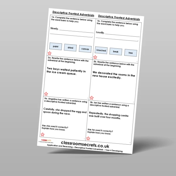 An image of the Descriptive Fronted Adverbials Application and Reasoning Resource