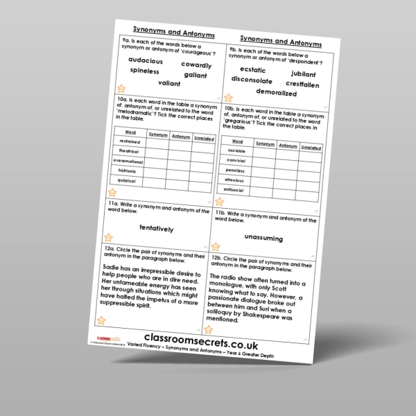 An image of the Synonyms and Antonyms Varied Fluency Resource