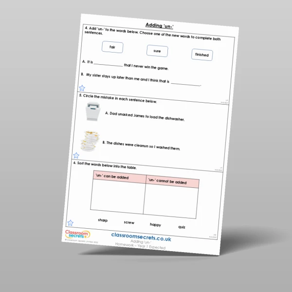 An image of the Adding ‘un-’ Homework Resource