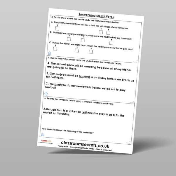 An image of the Recognising Modal Verbs Homework Resource