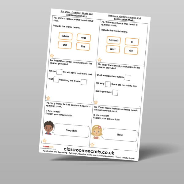 An image of the Full Stops, Question Marks and Exclamation Marks Application and Reasoning Resource