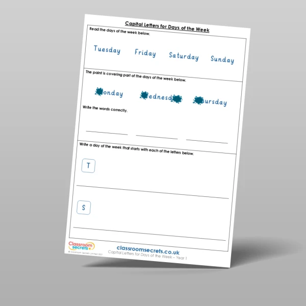 An image of the Capital Letters for Days of the Week Mixed Activity Resource