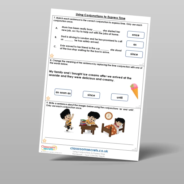 An image of the Using Conjunctions to Express Time Homework Resource