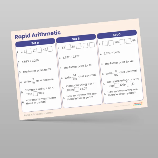An image of the Summer 2 Week 1 Rapid Arithmetic Resource