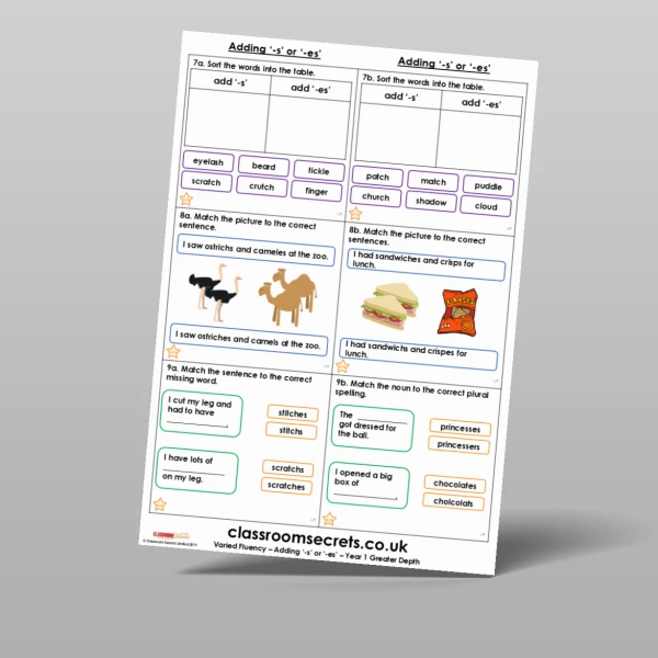An image of the Adding '-s' or '-es' Varied Fluency Resource