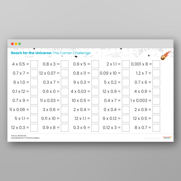 Challenge 13 Comets Decimals Times Tables Resource | Classroom Secrets