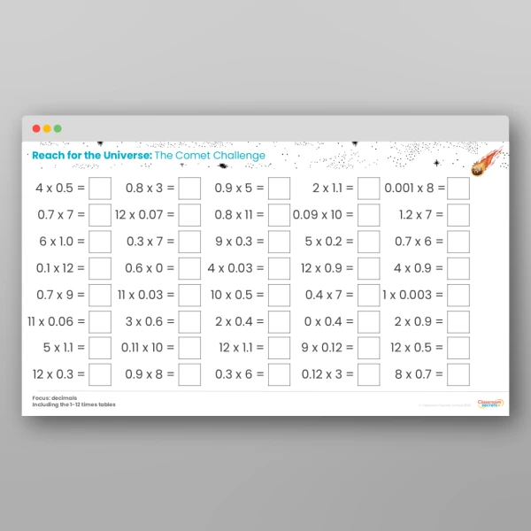 An image of the Challenge 13 Comets Decimals Times Tables Resource