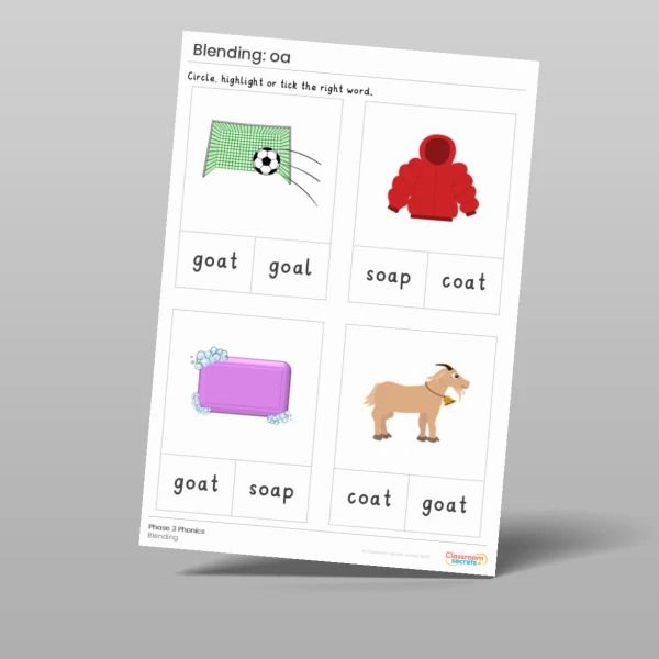 An image of the Phonics Blending Activities: oa Resource