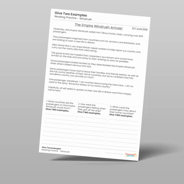 An image of the Give Two Examples Windrush Reading Test Practice Resource
