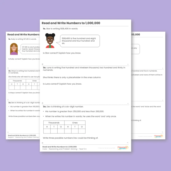 Year 5 Read and Write Numbers to 1,000,000 Place Value Reasoning and Problem Solving