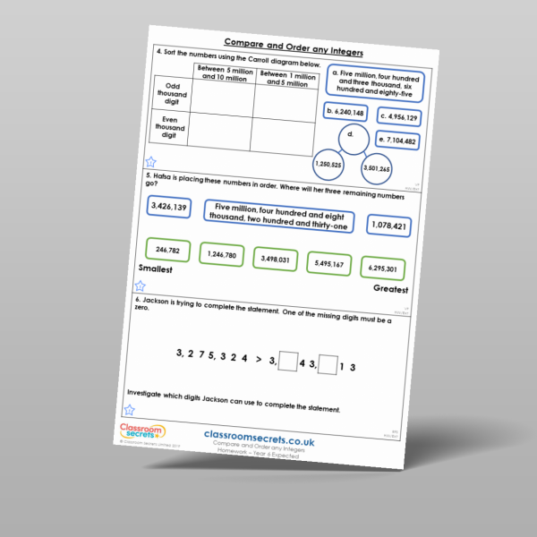 Year 6 Compare And Order Any Integers Homework Resource | Classroom Secrets