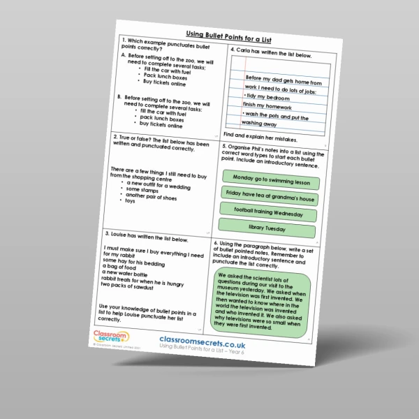 An image of the Using Bullet Points for a List Mixed Activity Resource