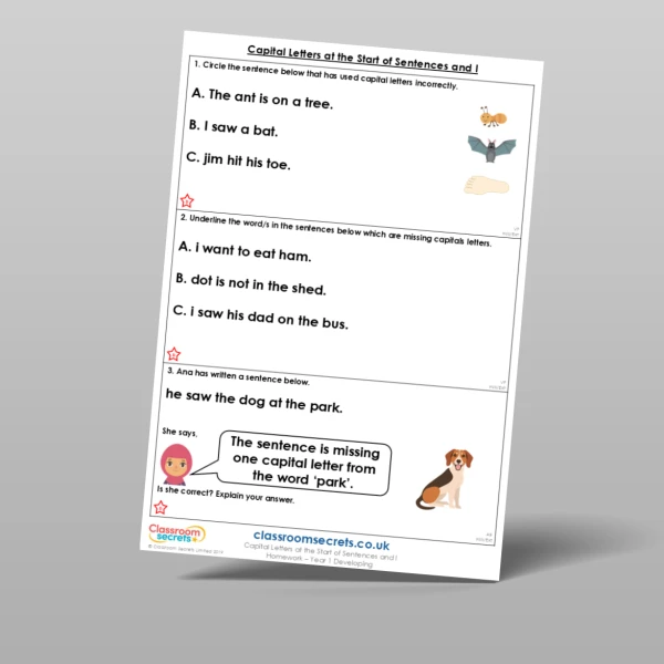 An image of the Capital Letters at the Start of Sentences and I Homework Resource