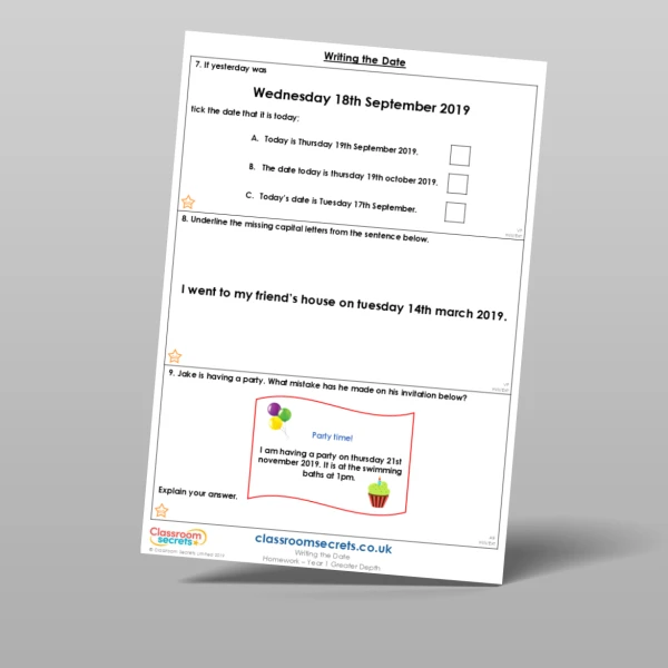 An image of the Writing the Date Homework Resource