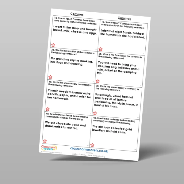 An image of the Commas Varied Fluency Resource