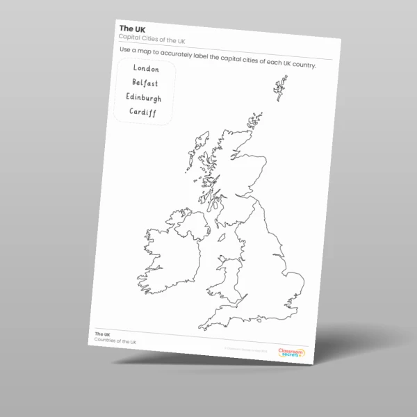 An image of the Capital Cities of the UK Geography Worksheet Resource