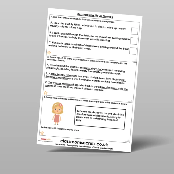 An image of the Free Recognising Noun Phrases Homework Resource