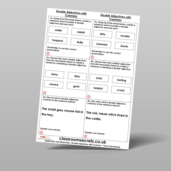 An image of the Double Adjectives with Commas Application and Reasoning Resource