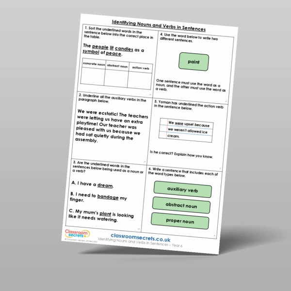 An image of the Identifying Nouns and Verbs in Sentences Mixed Activity Resource