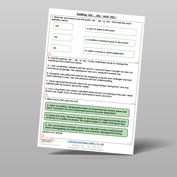 An image of the Free Adding 'de-', 'dis-', and 'mis-' Homework Resource