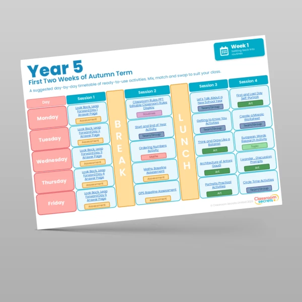 An image of the First Two Weeks of Autumn Term Timetable Resource