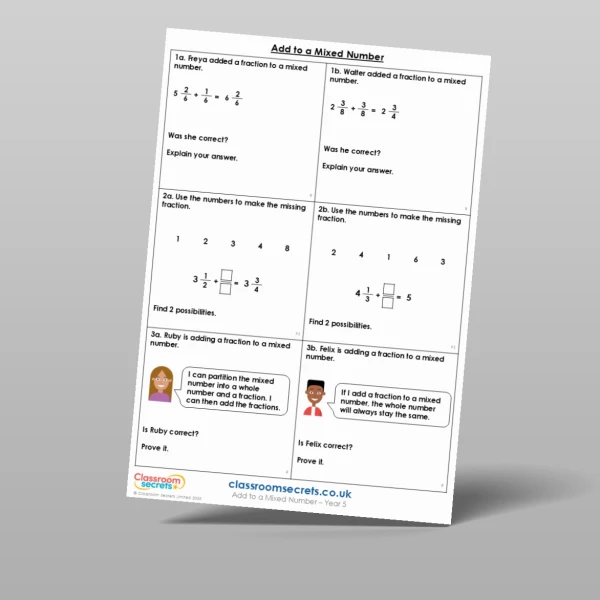 An image of the Add to a Mixed Number Reasoning and Problem Solving Resource