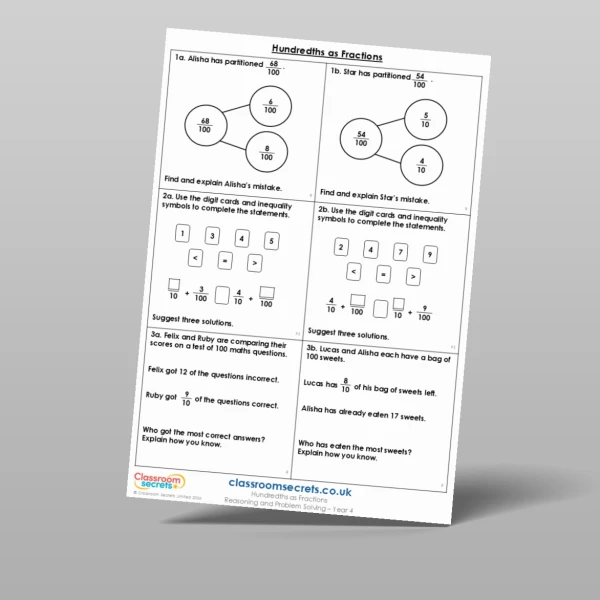 An image of the Hundredths as Fractions Reasoning and Problem Solving Resource