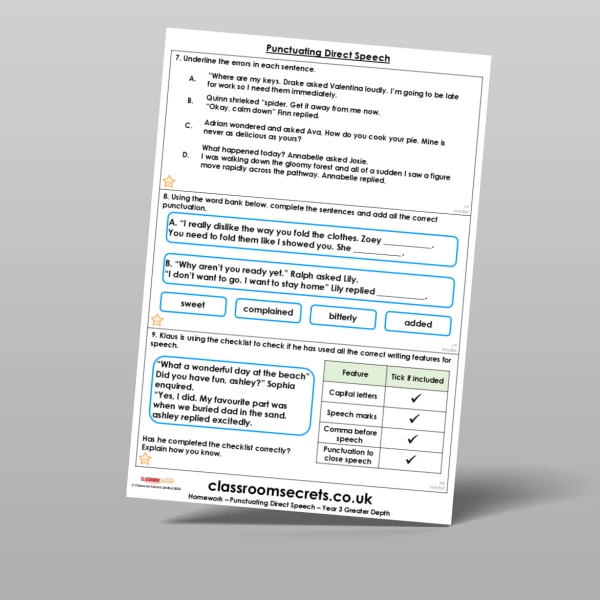 An image of the Punctuating Direct Speech Homework Resource