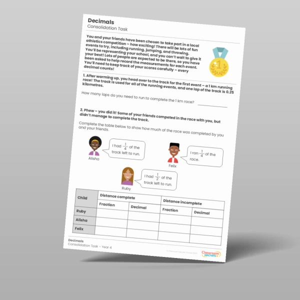An image of the Decimals Consolidation Task Resource