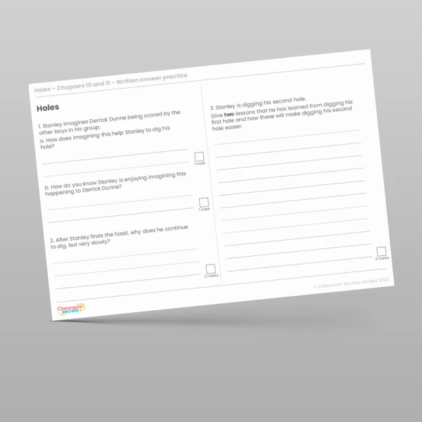 An image of the Reading Skills - Holes - Chapters 10 and 11 Resource