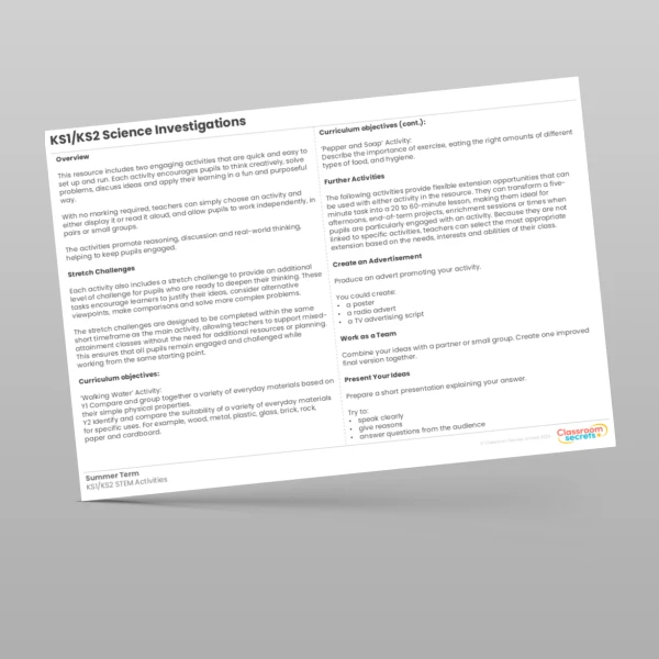 An image of the KS1 and KS2 Science Club Investigations Resource