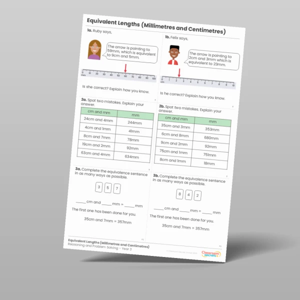An image of the Equivalent Lengths (Millimetres and Centimetres) Reasoning and Problem Solving Resource