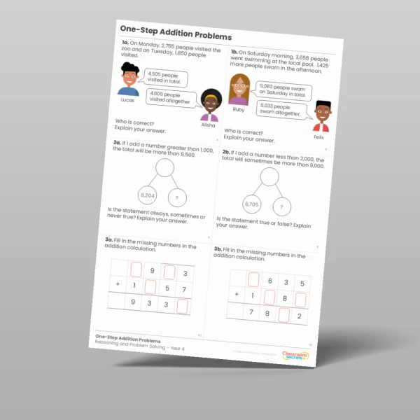 An image of the One-Step Addition Problems Reasoning and Problem Solving Resource