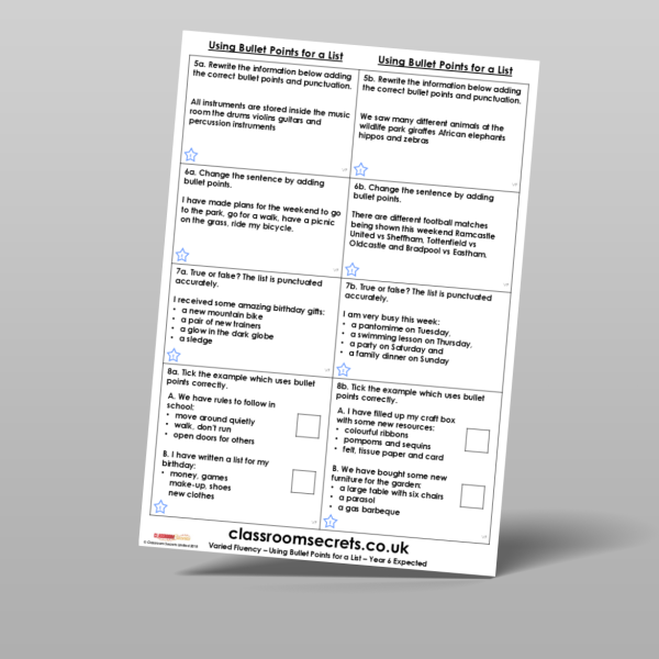 Typing Activity Using Bullets Year 6 Using Bullet Points For A List Varied Fluency Resource ...