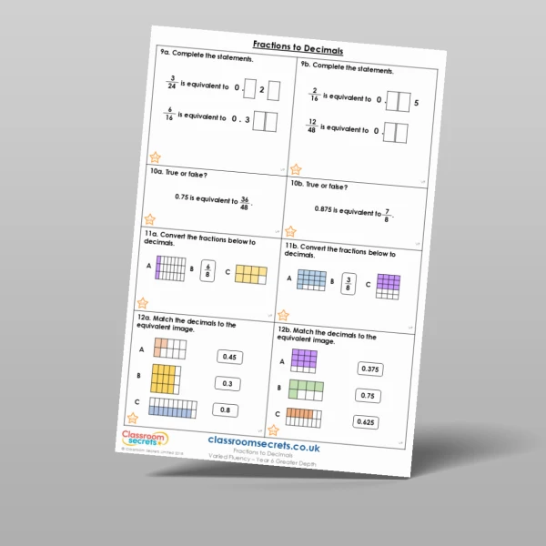 An image of the Fractions to Decimals Varied Fluency Resource