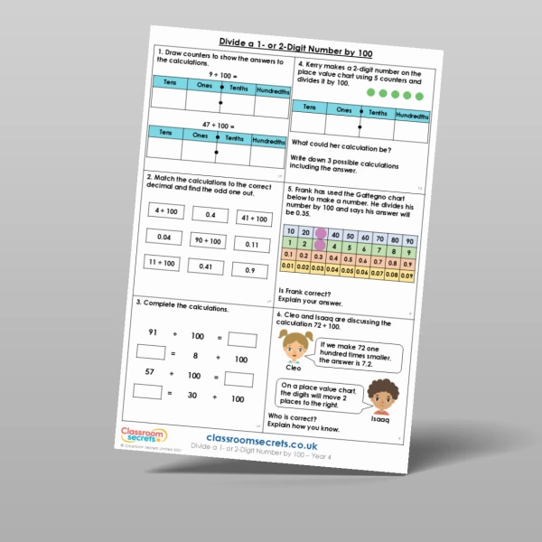 An image of the Divide a 1 or 2-Digit Number by 100 Mixed Activity Resource