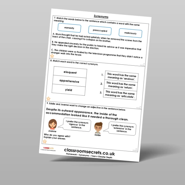 An image of the Free Synonyms Homework Resource
