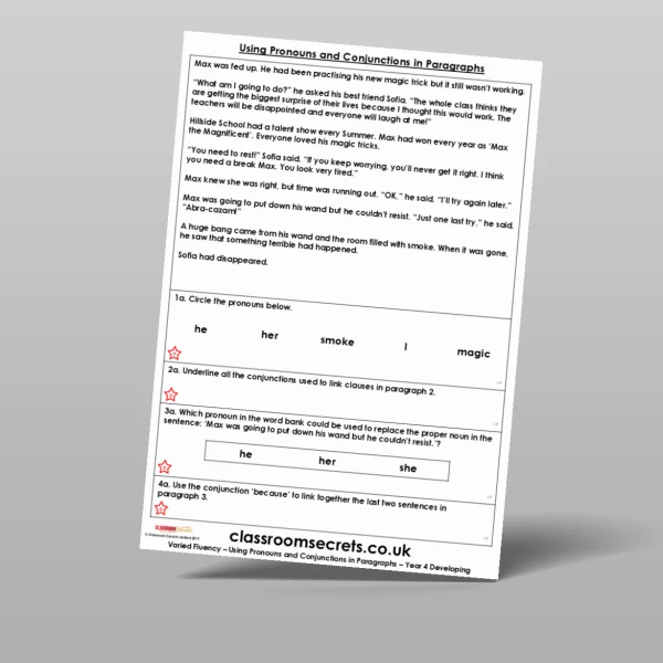 An image of the Using Pronouns and Conjunctions in Paragraphs Varied Fluency Resource
