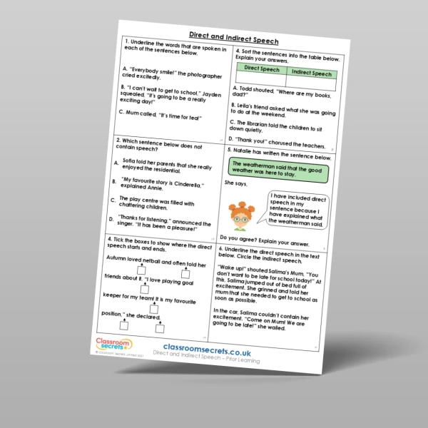 An image of the Direct and Indirect Speech Prior Learning Resource
