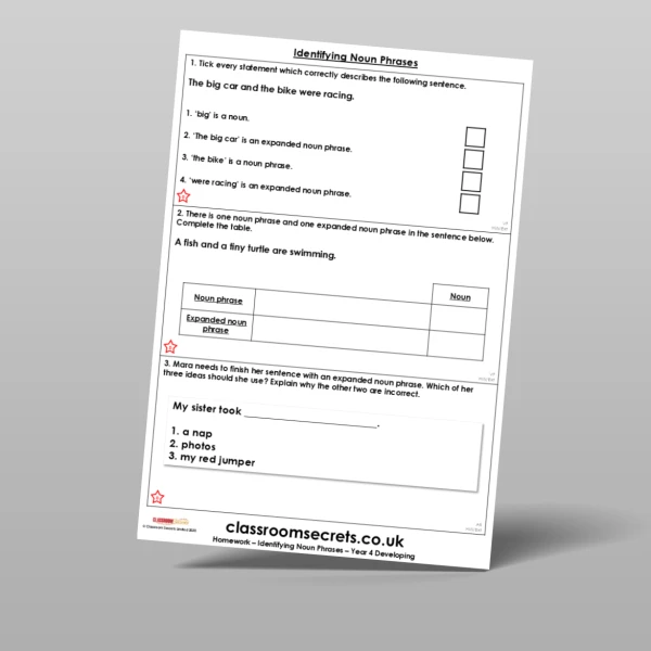 An image of the Free Identifying Noun Phrases Homework Resource