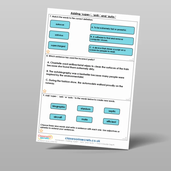 An image of the Adding ‘super-’, ‘anti-’ and ‘auto-’ Homework Resource