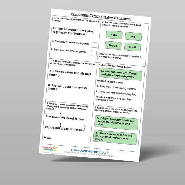An image of the Recognising Commas to Avoid Ambiguity Mixed Activity Resource