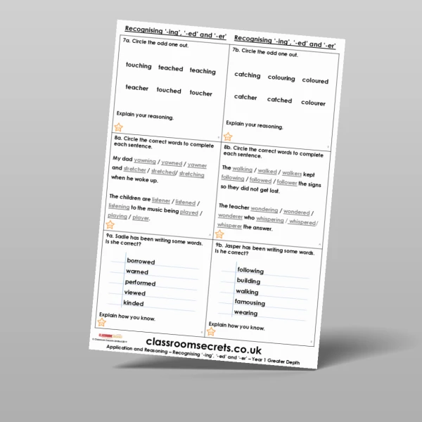 An image of the Recognising '-ing', '-ed' and '-er' Application and Reasoning Resource